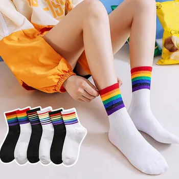 Pamuk Gökkuşağı Çorap Kadın Japonya Harajuku Kore versiyonu sevimli Çorap Çizgili Çorap Noel Moda Rahat Gelgit Çorap