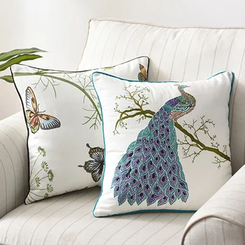 Pastoral Tarzı Nakış Tavuskuşu Kelebek minder örtüsü Ülke Tarzı Pamuk Yastık Örtüsü Ev Oturma Odası kanepe dekoru
