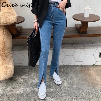Vintage Mavi Bölünmüş Kot Kadın Kore Moda Yüksek Bel Kot Flare pantolon Anne Şık Streetwear Y2k Kot Kadın Çan Dipleri