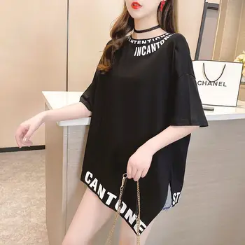 Pamuklu T Shirt Kadın Yaz Düzensiz kısa kollu tişört Kore Tarzı Rahat Crewneck Gevşek Üstleri Mektup Baskı Moda Tshirt