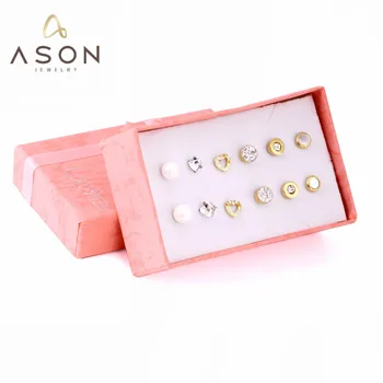 ASONSTEEL 6 çift / kutu Yuvarlak Kare Kübik Zirkonya İnci Saplama Küpe Setleri Altın Renk Paslanmaz Çelik Kadınlar Takı Piercing Için