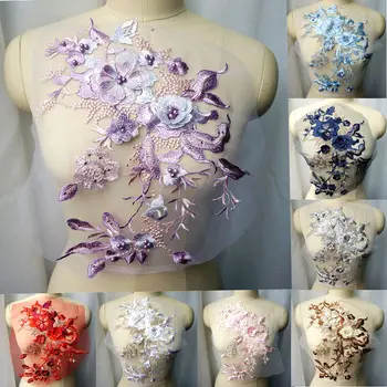 Beyaz Mavi Mor Gri 3D Çiçekler Boncuk Rhinestones Aplikler Işlemeli gelinlik Dekorasyon Örgü Dikmek Yama Elbise DIY