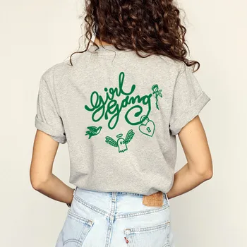 Amerikan Vintage Stil Baskı Geri Kız Gang T Shirt Gri Kısa Kollu Melek Tees Gevşek Pamuk Sevimli Gömlek Kadınlar İçin