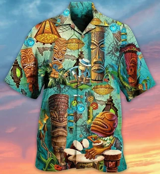 Hawaii erkek gömleği 3D Hint Çizgi film karakteri Baskı Kısa kollu Küba Gömlek Tatil Rahat Vintage Giyim Streetwear