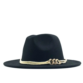 Siyah Yün Keçe Caz fötr şapkalar Kemer Tokası Dekor Kadınlar Unisex Geniş Brim Panama Fötr Kovboy Şapkası Sunhat