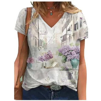 Vintage 3D desen kadın kısa kollu t-shirt gevşek V Yaka Sokak rahat ekstra büyük yaz 2021 büyük yeni Çeşitli boyutlarda