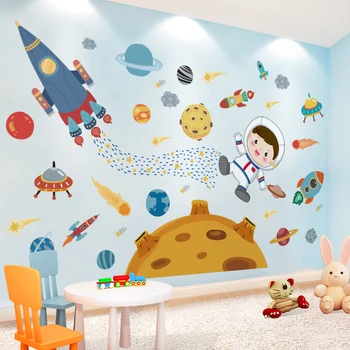 [SHIJUEHEZI] Dış Uzay duvar çıkartmaları DIY Gezegenler Roketler Astronot Duvar Çıkartmaları Çocuk Odaları için Bebek Yatak Odası Ev Dekorasyon