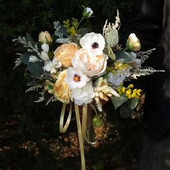 JaneVini Vintage Sarı Beyaz Düğün Buketleri Bahçe Nedime Çiçek Yapay Güller Gelin Sahte Buket Accesorios De Novia