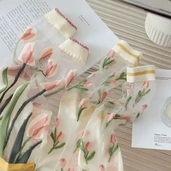 Yeni Moda Harajuku Yüksek Kaliteli Yaratıcı Kristal İpek Gelgit Çorap Lale Çiçekler Nakış Cam İpek Ultra ince Kadın Çorap