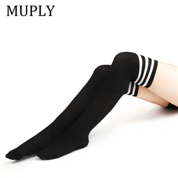 1 Çift Pamuk Şerit Çorap Kızlar Kore Japon Kawaii Lolita Çorap Muply Rahat Uyluk yüksek dizlikli çorap Bayan Uzun Çorap