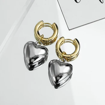 Flashbuy Yeni Minimalist Moda Altın Gümüş Renk Kalp Damla Küpe Kadınlar için Popüler İki Renkli Metal Küpe Takı Kadın