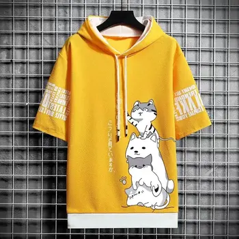 Erkek Yaz Kısa Kollu Kapşonlu Grafik T Shirt Harajuku Karikatür Anime Gömlek Japon Streetwear Tees Casual Erkek Giyim 2021