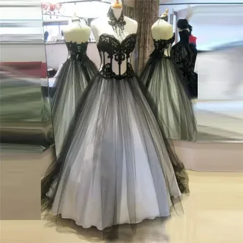 2022 Victoria Gotik düğün elbisesi Sevgiliye Siyah ve Beyaz gelinlikler Dantel Aplikler Yumuşak Tül dantel-up Geri Korse Özel