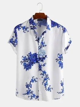 Erkek Yaz Kısa Üst Erik Çiçeği Mürekkep Boyama Baskılı Kısa Kollu Gömlek Hindistan Bluz Güneydoğu Asya Erkek Plaj Hırka