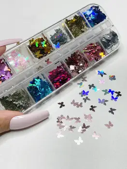 12 İzgaralar / Kutu 5mm Holografik Kelebek Glitters pul tırnak Sanat 12 Renkler 3D Lazer Holo Dilim Pul Pul Çivi Tasarım G1*