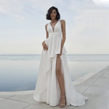 Zarif V Yaka Plaj düğün elbisesi Yüksek Bölünmüş Backless A-Line Saten gelinlikler Artı Boyutu Vestido De Noiva