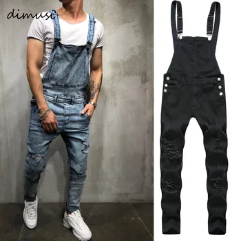 DIMUSI Moda erkek Yırtık Kot Tulum Erkekler Hip Hop Streetwear Sıkıntılı Denim işçi tulumu Adam Askı Pantolon Giyim