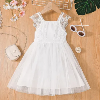 6M-4Y Toddler Bebek Kız Elbise 2022 Yaz Sinek Kollu Düz Renk Beyaz Çiçek Dantel Prenses Elbise Kız Parti Düğün Kıyafetleri