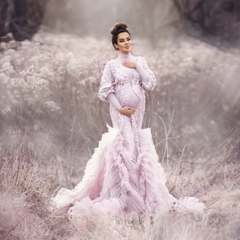 Yeni Varış hamile elbisesi Bebek Duşu İçin Uzun Kollu Ruffles Hamile Fotoğrafçılığı Kıyafet Yüksek Boyun Gebelik Kadın Elbise