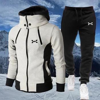 Sonbahar ve Kış erkek Eşofman Kapüşonlu Sweatshirt + Eşofman Takım Elbise Adam Sıcak Eşarp Yaka Hoodies Setleri Erkek Rüzgar Geçirmez Spor