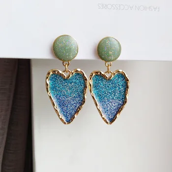 925 Gümüş İğne Moda Takı Küpe Mavi Ton Bling Bling Glitter Emaye Kalp Dangle Küpe Kadınlar Takı Kız Hediye İçin