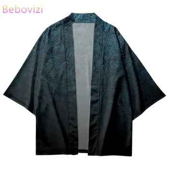 Vintage Degrade Geometri Baskı Hırka Plaj Yukata Japon Kimono Streetwear Erkekler Kadınlar Haori Elbise Elbise Artı Boyutu