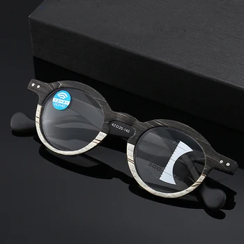 Seemfly Yuvarlak Ahşap Tahıl okuma gözlüğü erkekler ilerici Multifokal Anti mavi ışık Presbiyopik gözlük Yakın Uzak Görüş gözlük