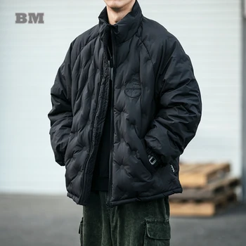 Japon Streetwear Kalın Siyah Ceketler Kore Hip Hop Elmas Kafes Parkas Erkekler Giyim Kış Harajuku Rahat Mont Tops