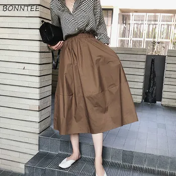 Etekler Kadınlar Zarif Katı Yaz Sonbahar Temel Şık Kore Vintage Faldas Largas Mujer Yüksek Bel Popüler Tüm Maç Femme Etek
