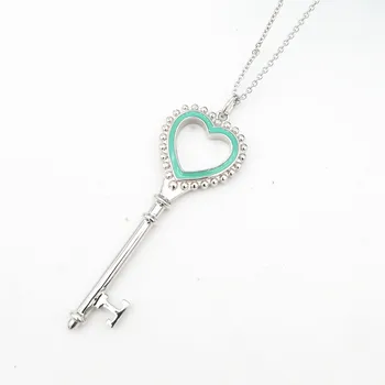 1: 1 Klasik gümüş ms S925 kalp şeklinde anahtar mavi emaye kolye kolye takı, tatil hediyeler