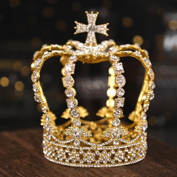 Altın Renk Kristal Tiaras Ve Taç Düğün saç aksesuarları Kraliçe Yuvarlak Taç Diadem Gelin Saç Takı Kadın Rhinestone Tiara