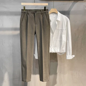 Erkek Takım Elbise Pantolon Sonbahar Kış Kalın İş Elastik Bel Klasik Gri Kahverengi Yün Düz Kore Resmi Pantolon Erkek 27-38