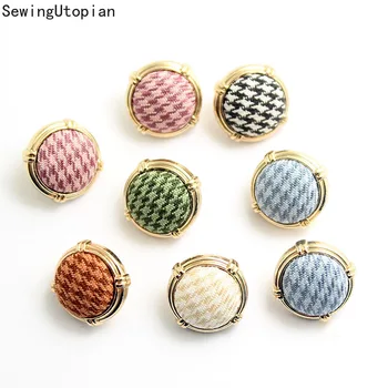 10 ADET 13MM Tüvit Ekose Kumaş Kaplı Metal Altın Düğmeler Kadın Ceket Vintage Süslemeleri Yüksek Kaliteli Aksesuarlar Toptan