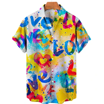 Hawaii Gömlek Erkekler için Aşk Graffiti Avrupa ve Amerikan Trendleri Sokak Kısa kollu Gömlek Tatil Gevşek ve Nefes Üst