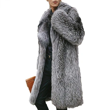 Erkek Lüks Kuzey Kış Sıcak Faux Kürk Uzun Ceket Yeni Faux Fox Kürk Kalınlaşmak Çentikli Palto Erkekler Punk Dış Giyim Gri