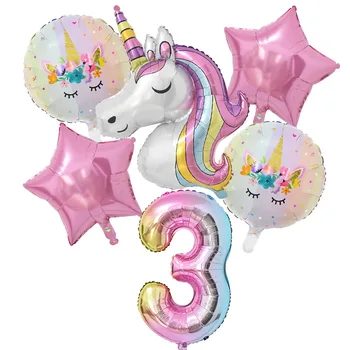 1 Takım gökkuşağı ünikorn Balon 32 inç Numarası Folyo Balonlar 1st Çocuklar Unicorn Tema Doğum Günü Partisi Süslemeleri Bebek Duş Globos