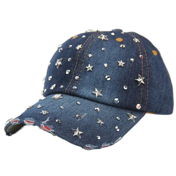 Moda Kadın beyzbol şapkası Bling Yıldız Taklidi Denim Kap Ayarlanabilir Kayış Jean Snapback Şapka Sıkıntılı Ağız