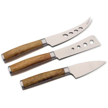 Jaswehome 3 Set Paslanmaz Çelik Peynir Bıçağı Ahşap Saplı Peynir Bıçakları Peynir alet takımı Çelik Çatal Sofra