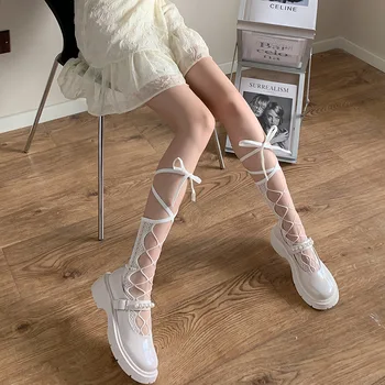 Japon Tarzı Lolita Kız Çorap Uzun Çorap Katı Siyah Beyaz JK Diz Çorap Kadın Yaz Hollow Out Bandaj Çorap Çorap