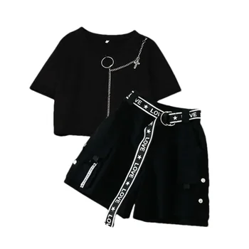 Gençler Çocuk Giyim Seti Kızlar İçin Yaz Siyah Pamuk kısa kollu tişört + Şort + kemer Gençler Tulum Elbise Takım Elbise