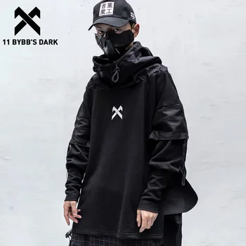 11 BYBB'S KOYU Japon Streetwear Erkek Hoodies Hip Hop İşlemeli Kazak Patchwork Sahte İki Darkwear Üstleri Techwear Hoodies