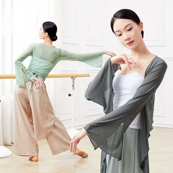Klasik dans kostümü Kadın Bale Elbise Katı Üstleri Yoga Spor Bandaj Kostüm Çin Halk Dansları Elmas Alevlendi Kollu