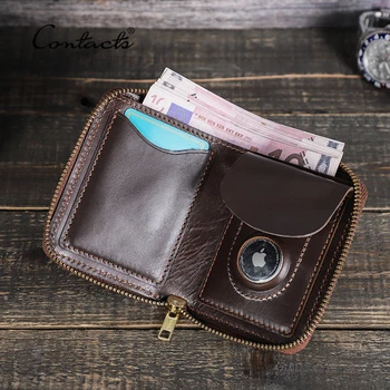CONTACT'S Hakiki Deri Erkek Mini cüzdan AirTag Kılıf kart tutucu Küçük Erkek Çanta YKK Fermuar Etrafında AirTag Cüzdan Para Cebi