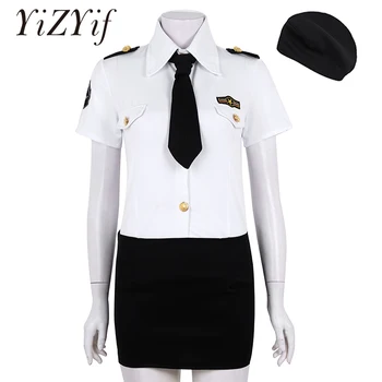 Kadın Polis Memuru Polis Cosplay Kostüm Beyaz Turn-aşağı Yaka Kısa Kollu Gömlek Mini Bodycon Etek Şapka ve Kravat