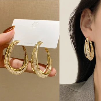 Kore Altın Renk Metal Örgü Kristal Hoop Küpe Kadın moda takı 2022 Yeni Lüks Geometrik Izgara Büyük Daire Küpe Femme