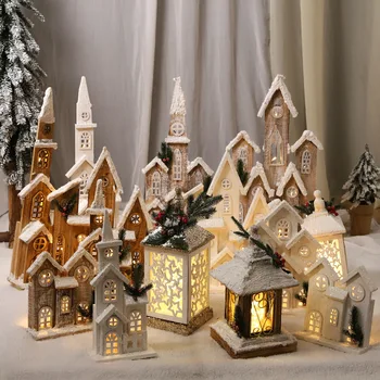 Noel süslemeleri ahşap aydınlık karla kaplı ahşap ev dekorasyonu Noel kale ahşap ışıklar pencere sahne düzeni