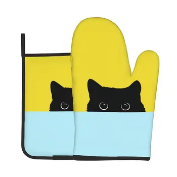 Kedi Fırın Eldiveni ve tutacak Glitter Altın Kırık Hatları Isıya Dayanıklı Kaymaz fırın eldiveni Pedleri Pişirme Pişirme İzgara Seti
