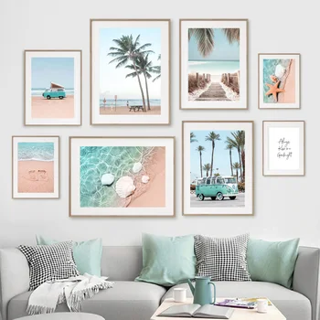 Plaj Hindistan Cevizi Ağacı Denizyıldızı Köprü Araba Deniz Manzarası Posterler Ve Baskılar duvar sanatı tuval yağlıboya Duvar Resimleri Için Oturma Odası Dekor