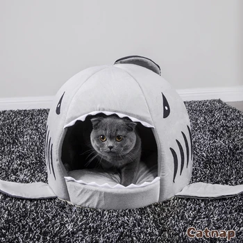 Derin uyku konfor kedi yatak Kedi evi evcil çadır köpekbalığı şekli rahat mağara yatak Kapalı Yatak kediler için pet yatak kış Evi için kedi