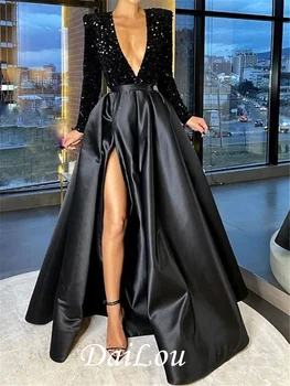 A-Line Sparkle Parti Kıyafeti Resmi Gece Elbisesi V Boyun Uzun Kollu Kat Uzunluk Saten Pullu Kristaller Bölünmüş 2022